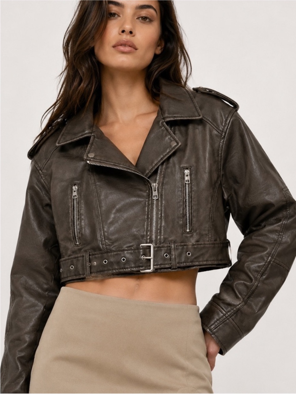 ZARA Viral Dark Brown Faux Leather Cropped Moto Biker Jacket Belted S